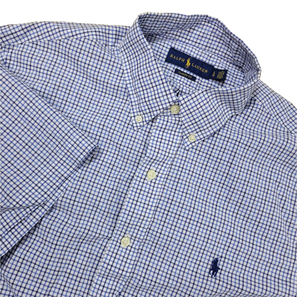 Ralph‎ Lauren Classic Fit Mens Large White Blue Check Pony Short Sleeve